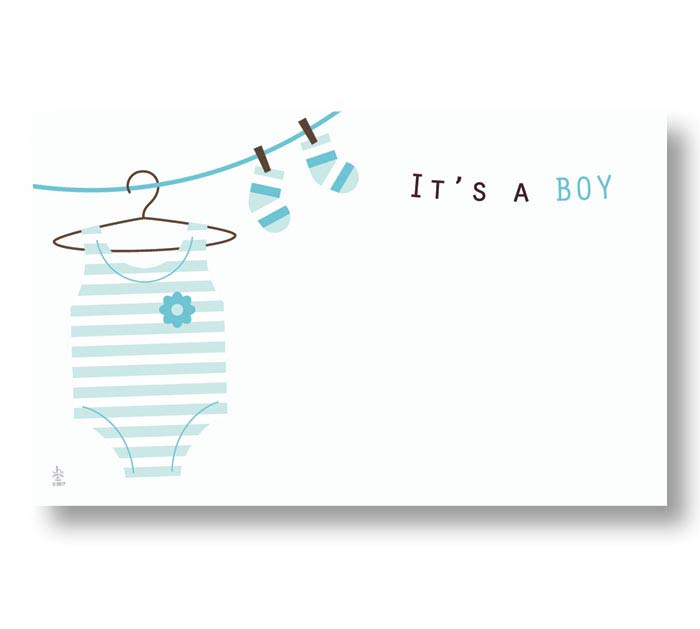 Blank Its a Boy Baby Clothesline onesie, hanger, booties Enclosure Card