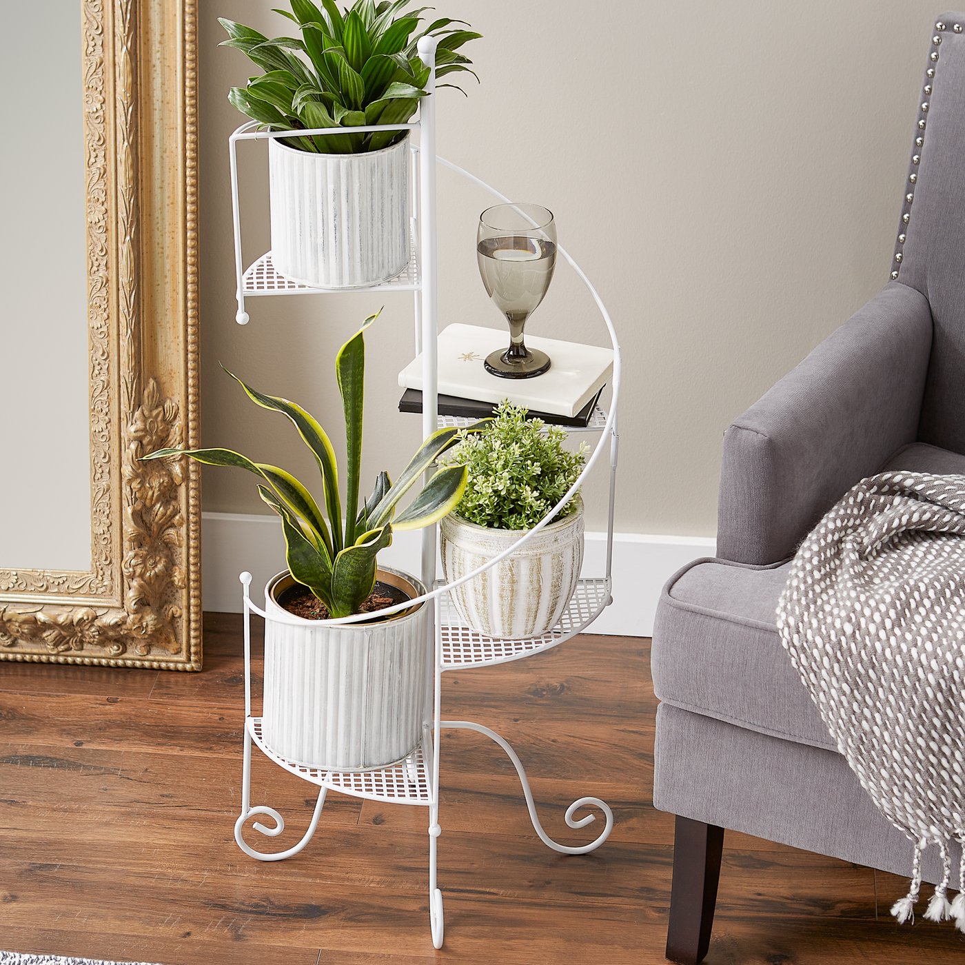 Iron White Spiral Showcase Plant Stand Indoor Outdoor Garden Home Decor
