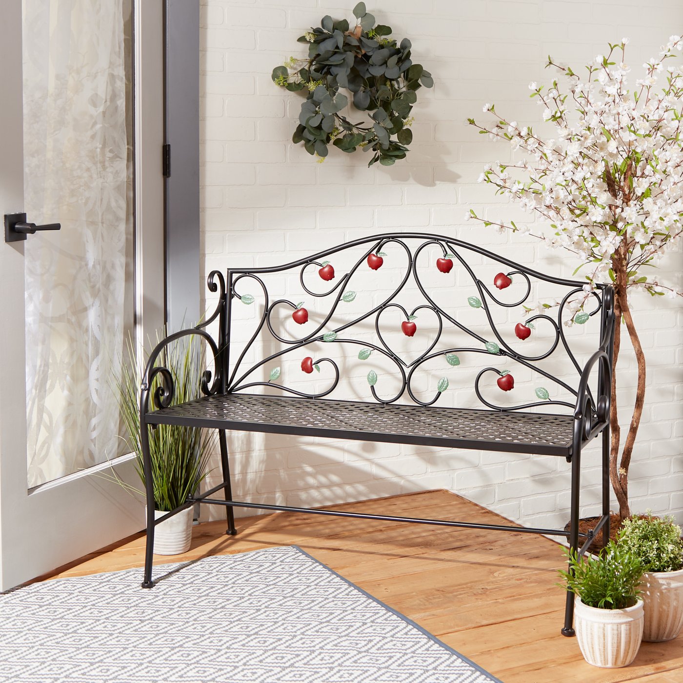 Wrought Iron Country Apple Bench Garden Decor