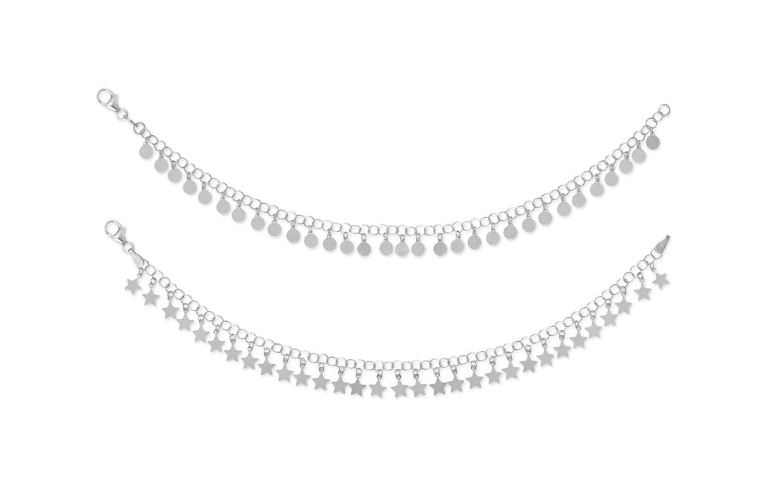 Sterling Silver 7 Inch Moon and Stars Charm Italian Bracelet Set fine