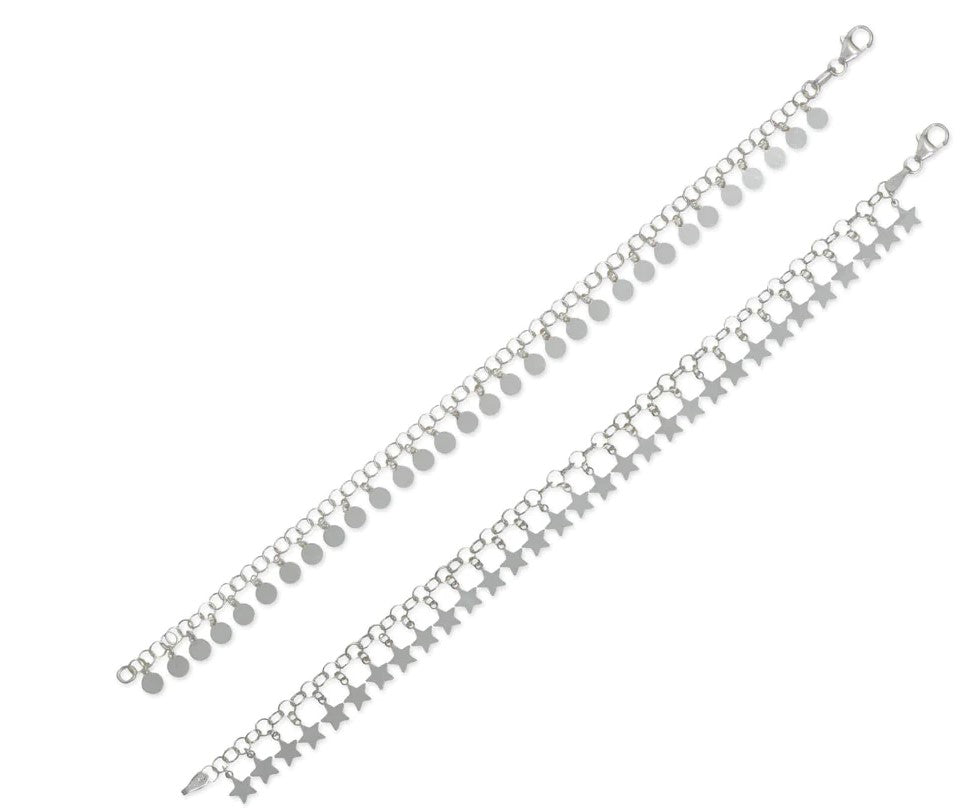 Sterling Silver 7 Inch Moon and Stars Charm Italian Bracelet Set fine