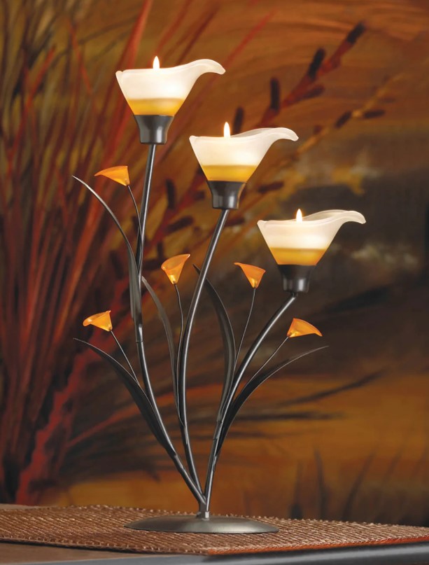 Amber Lillies Tealight Holder Home Decor in the dark flames lit