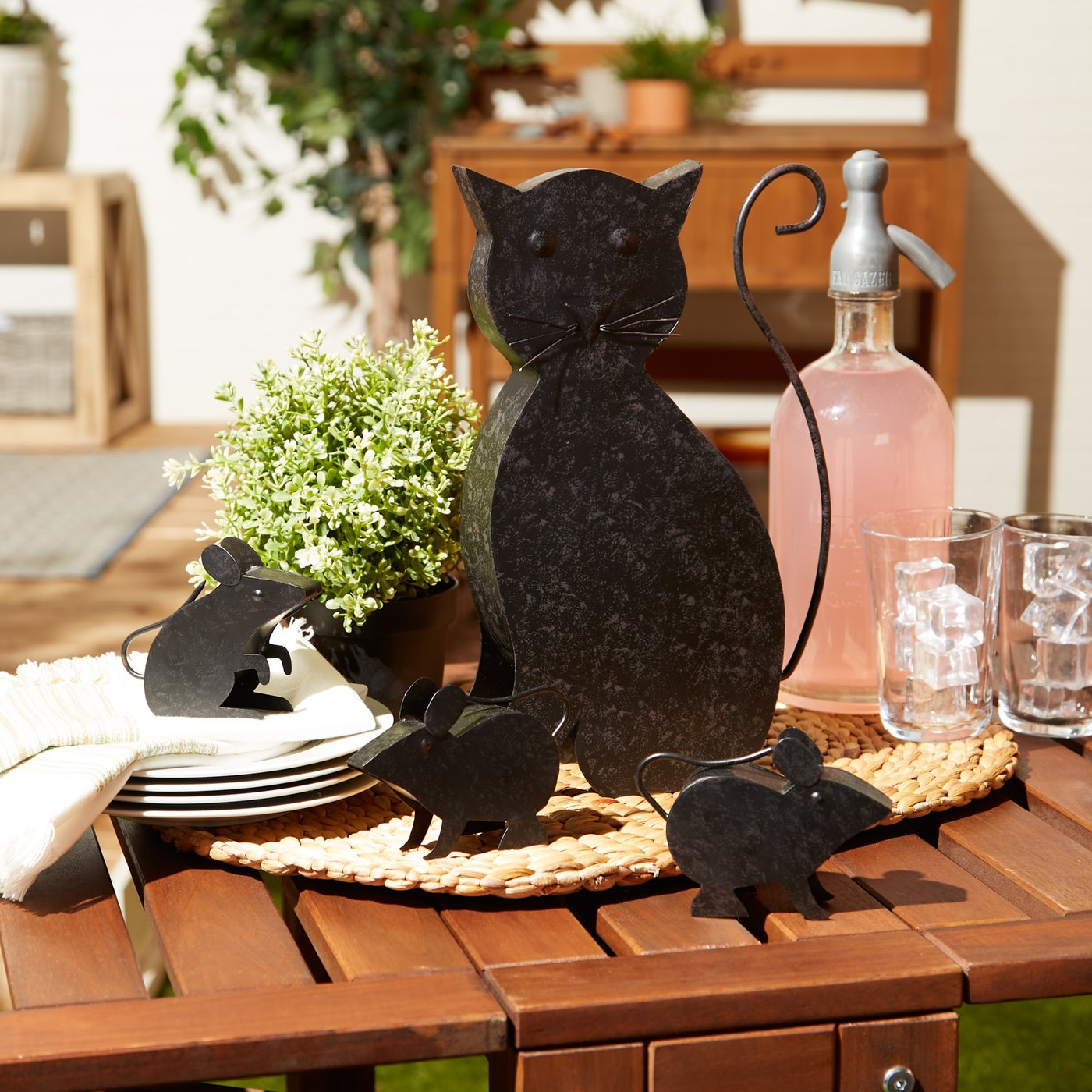 Cat with Mice Iron Sculpture Garden Home Decor