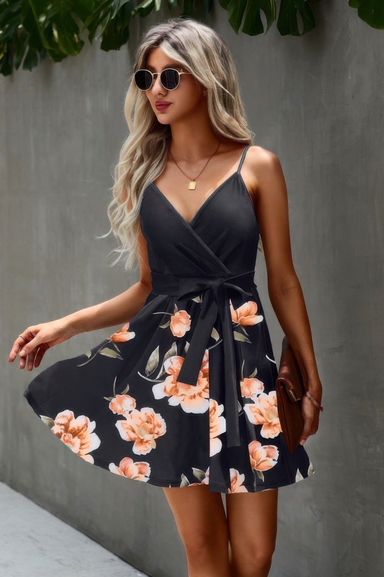 Floral V Neck Spaghetti Strap Belted Cami Dress