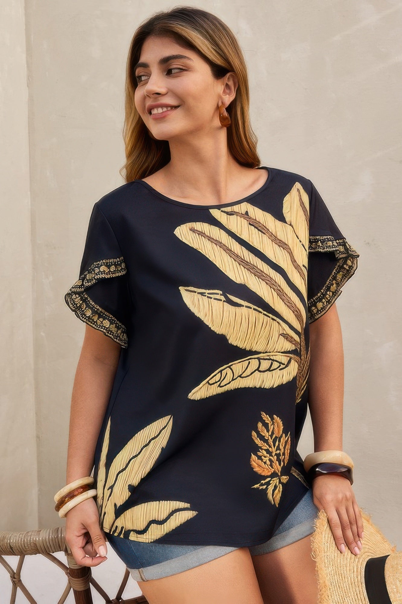 Plus Tropical Print Ruffle Hem Sleeve Blouse