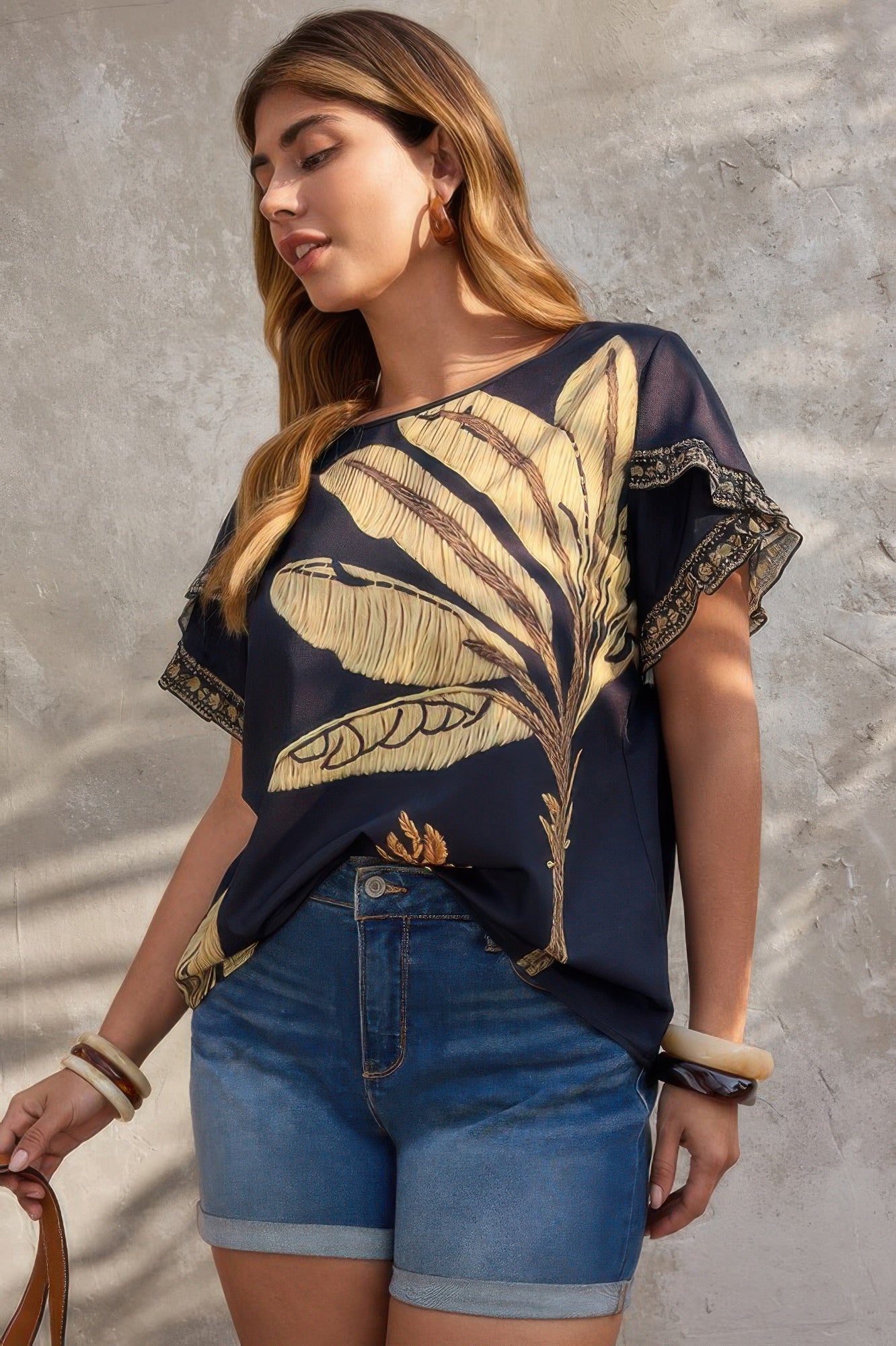 Plus Tropical Print Ruffle Hem Sleeve Blouse