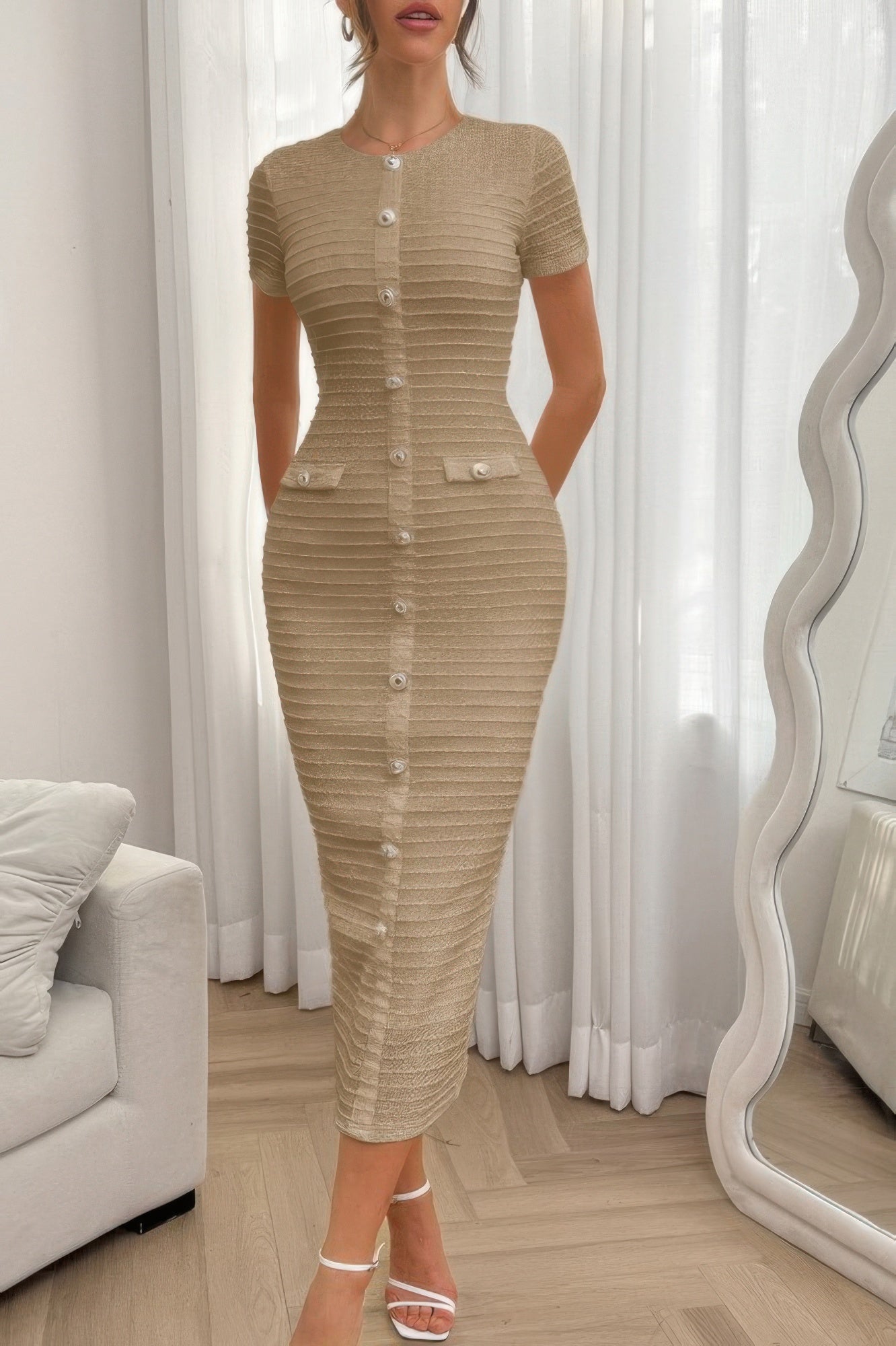 Solid Buckle Design Zipper Split Short Sleeve Dress