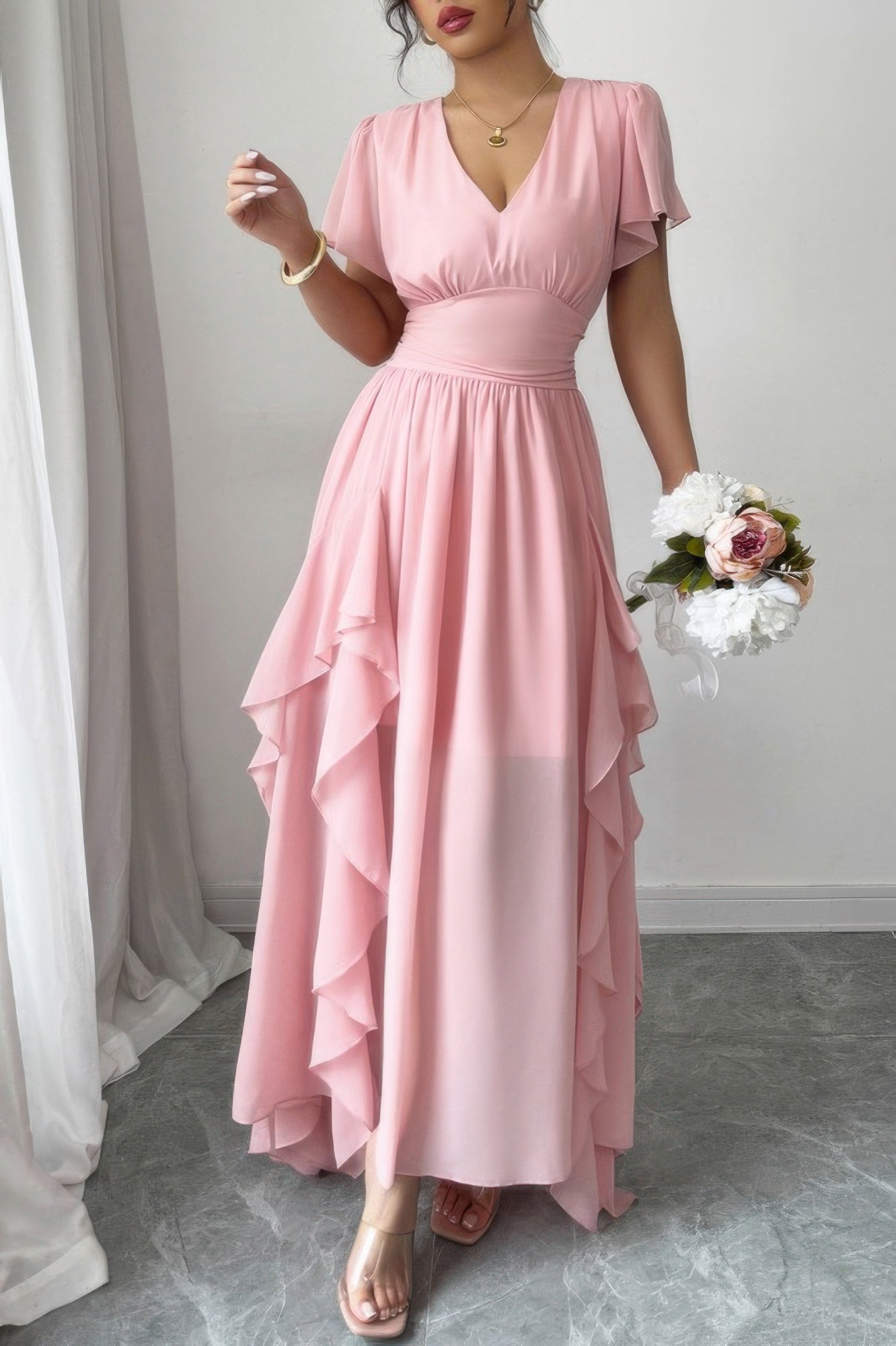 Solid V Neck High Waist Band Ruffle Hem Dress
