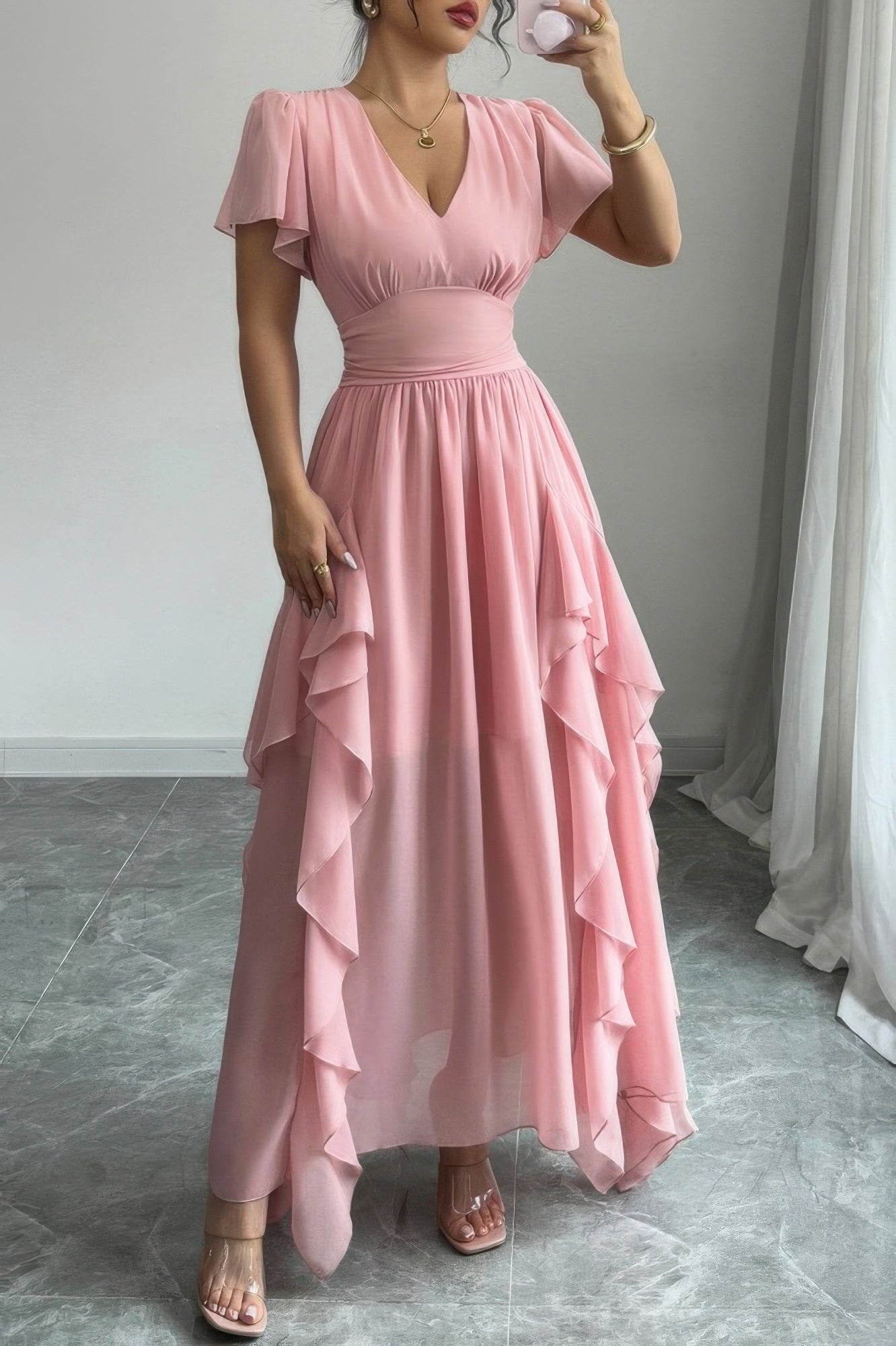 Solid V Neck High Waist Band Ruffle Hem Dress