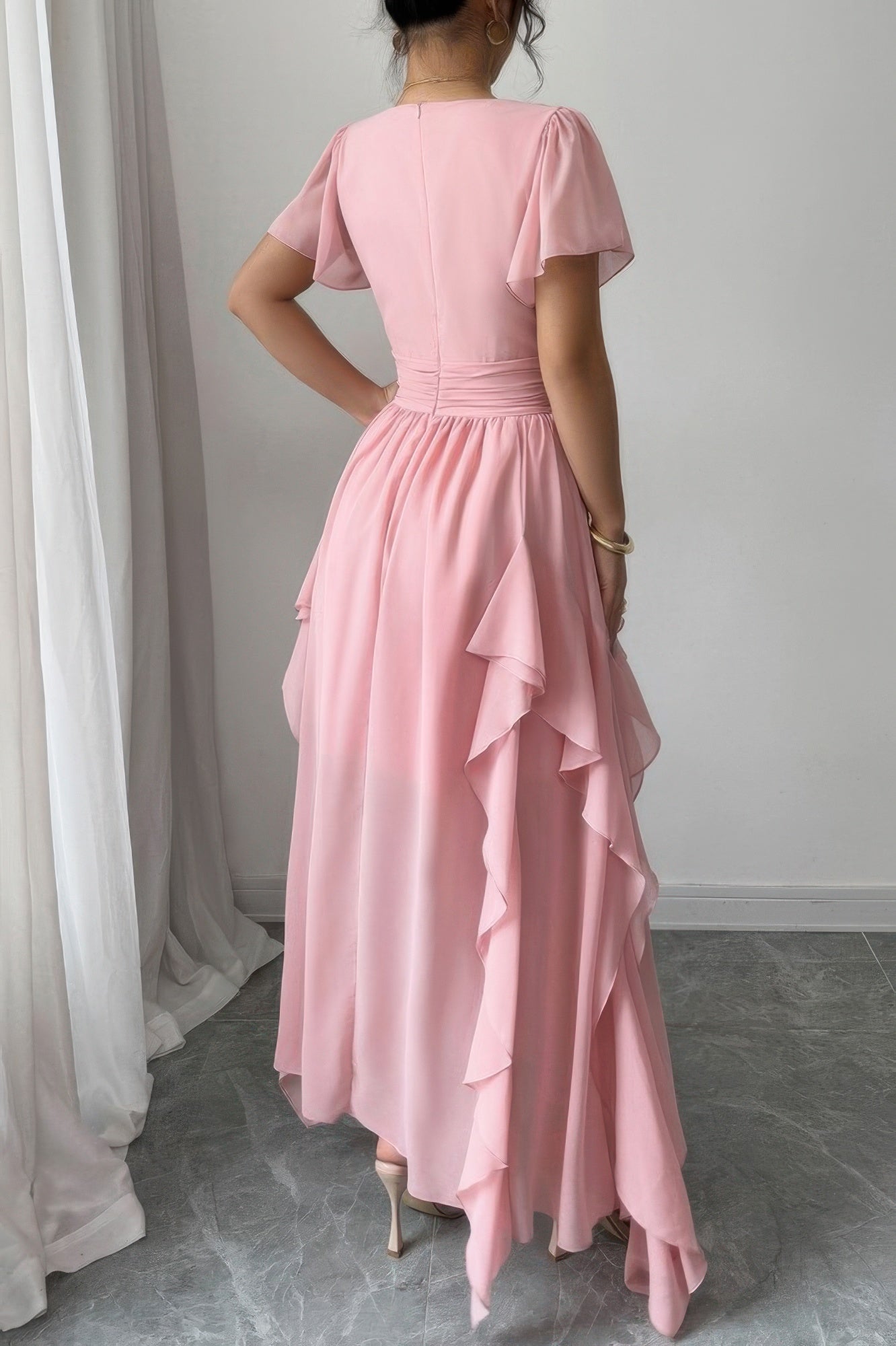 Solid V Neck High Waist Band Ruffle Hem Dress