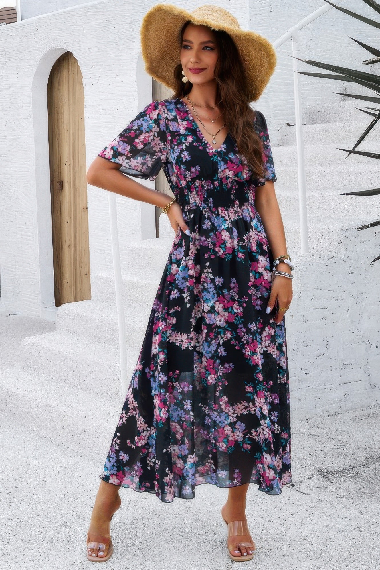 Boho Floral Print High Waist Band Fit Lined Dress