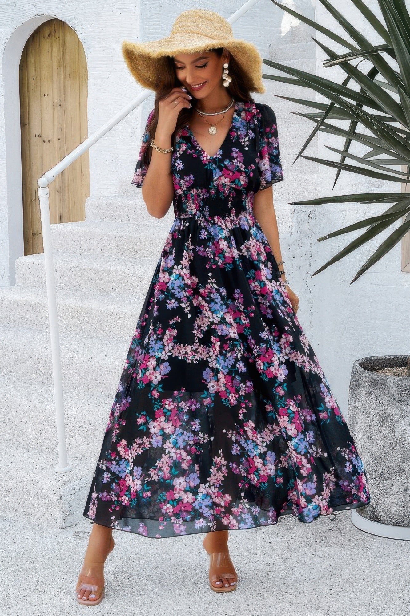 Boho Floral Print High Waist Band Fit Lined Dress