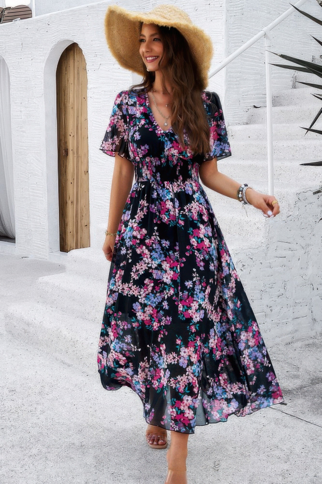 Boho Floral Print High Waist Band Fit Lined Dress