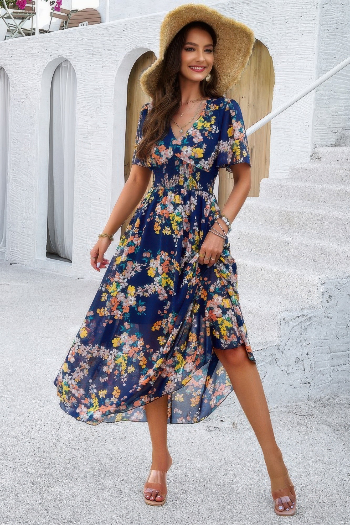 Boho Floral Print High Waist Band Fit Lined Dress