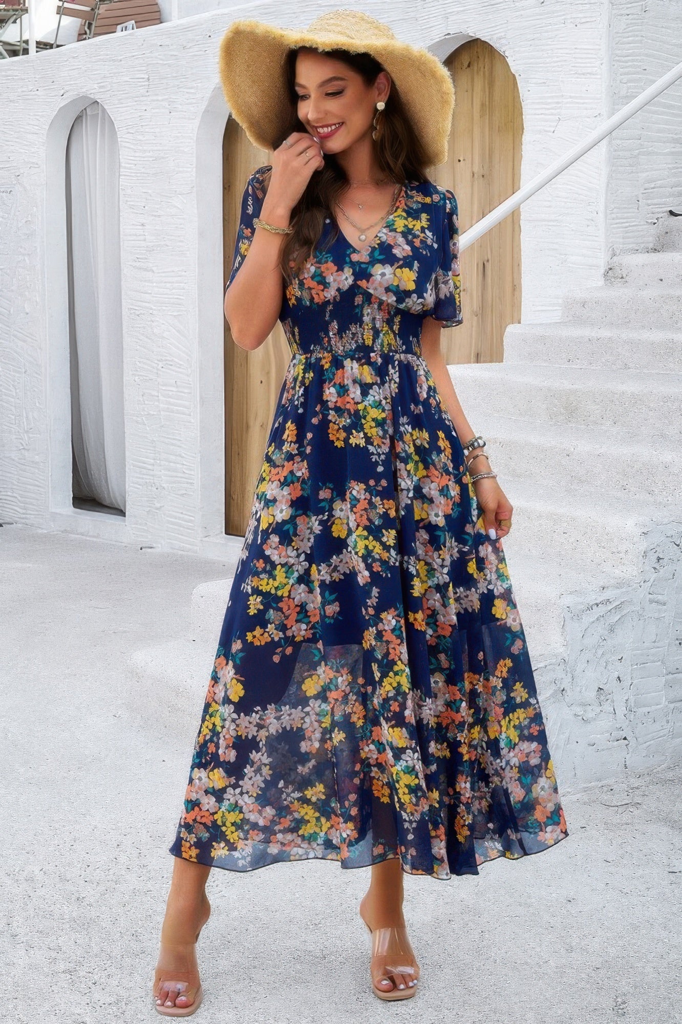 Boho Floral Print High Waist Band Fit Lined Dress