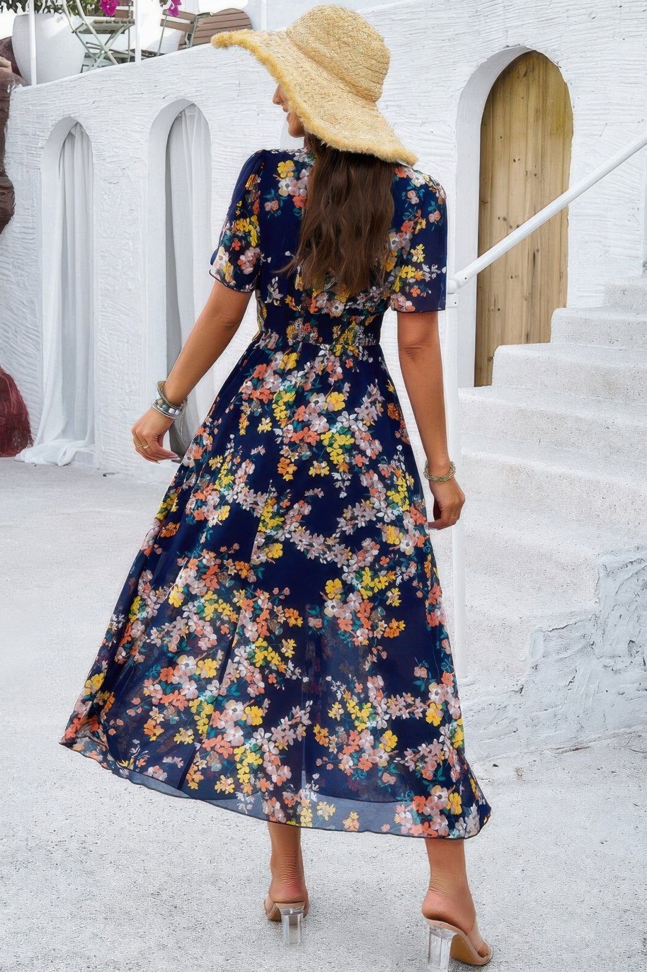 Boho Floral Print High Waist Band Fit Lined Dress