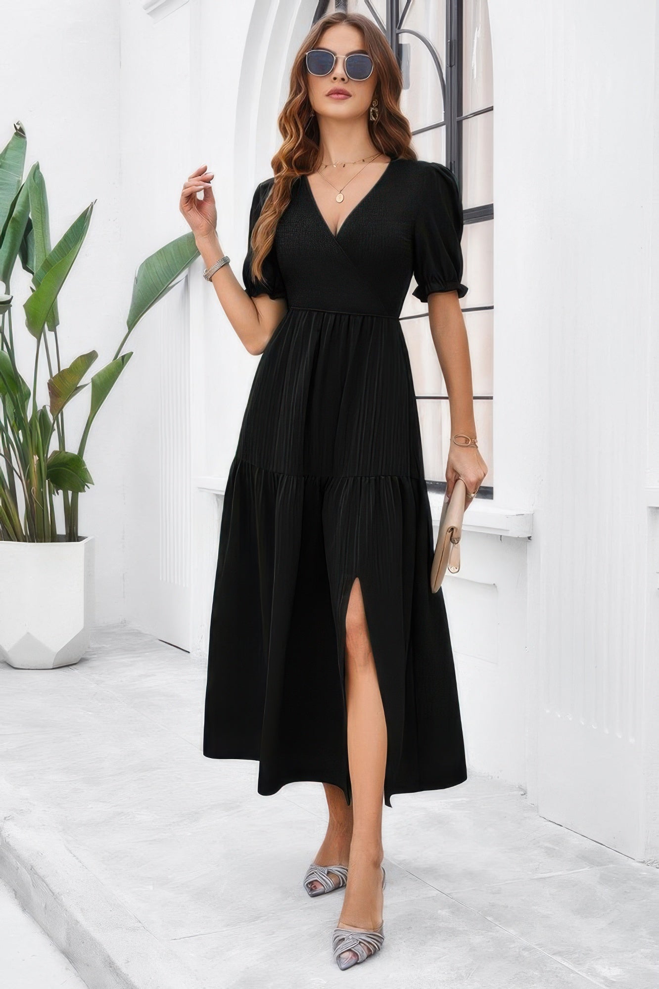 Solid V Neck Ruched High Waist Puff Sleeve Dress