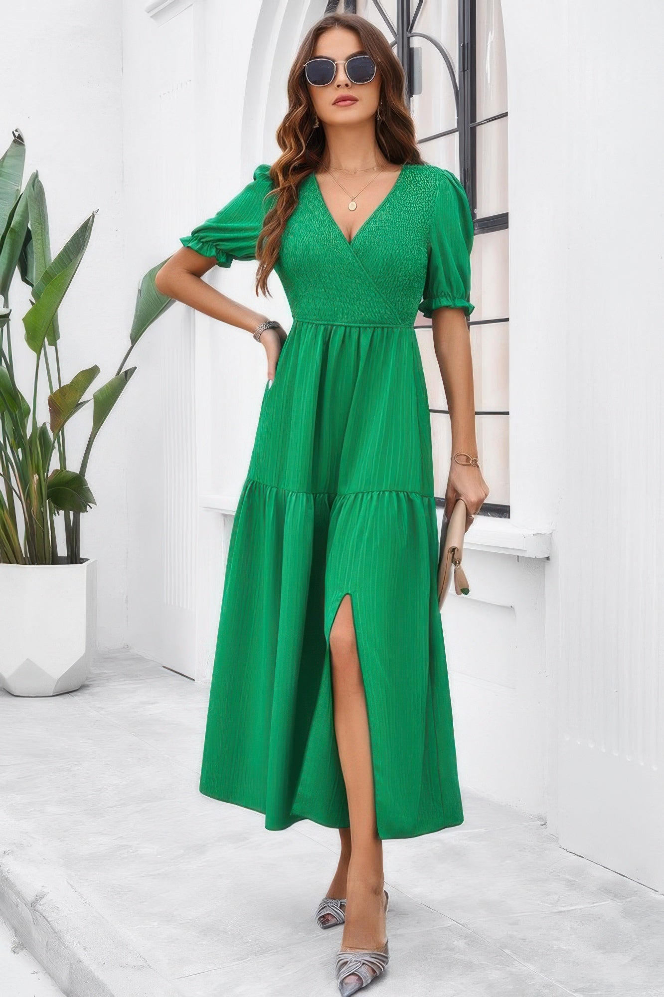 Solid V Neck Ruched High Waist Puff Sleeve Dress