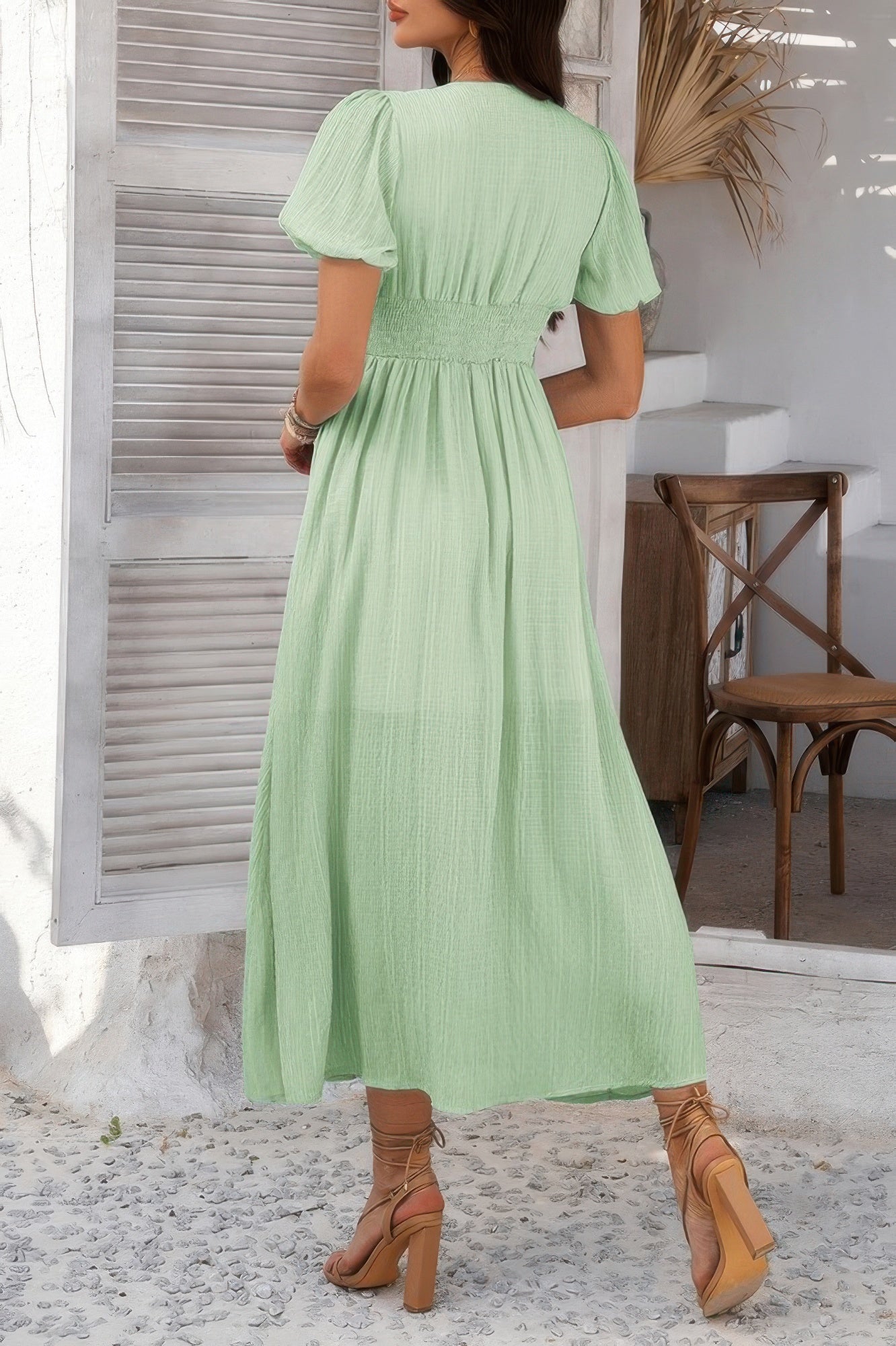 Solid V Neck Puff Sleeves Solid Knot Detail Dress