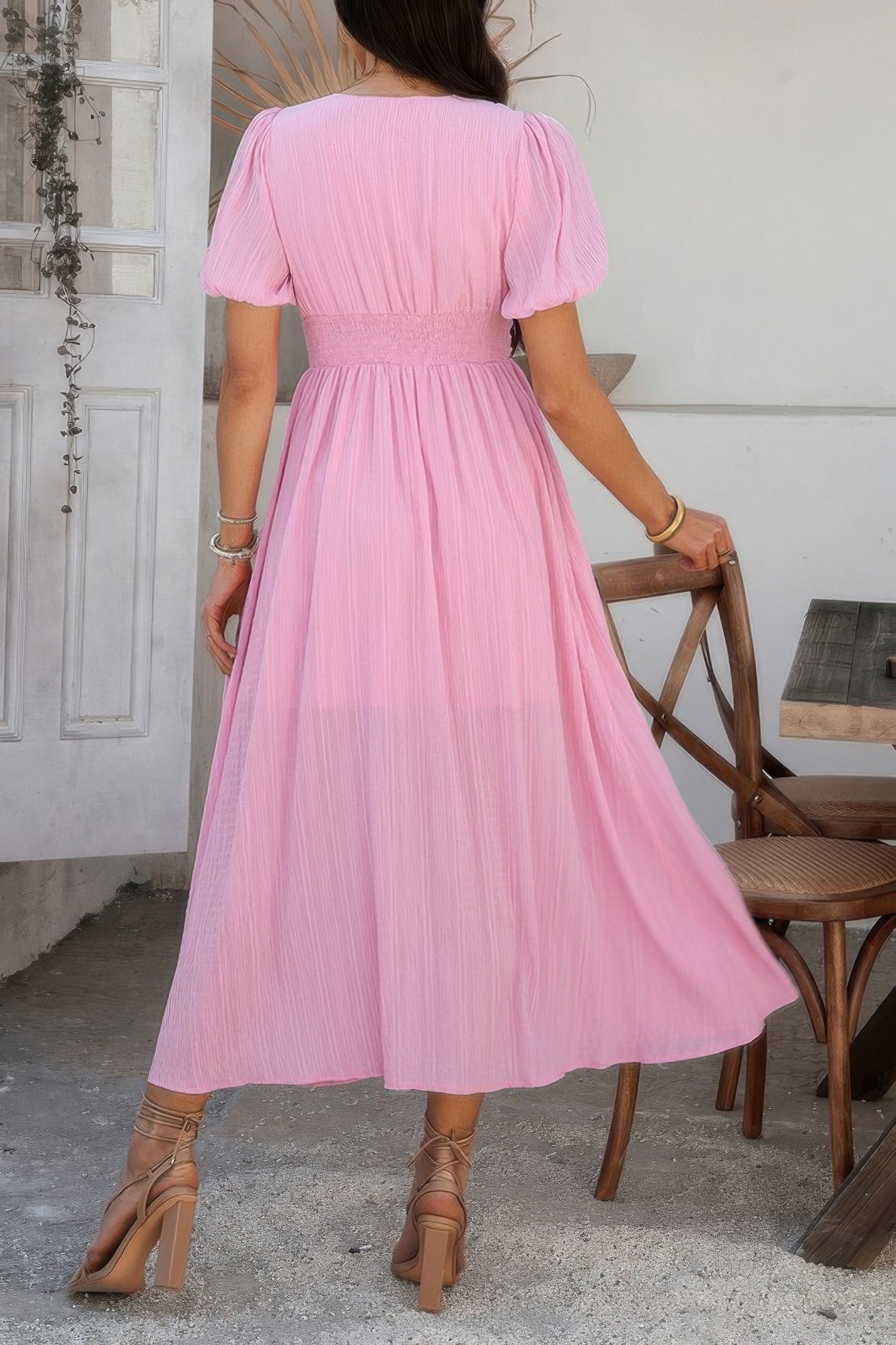 Solid V Neck Puff Sleeves Solid Knot Detail Dress