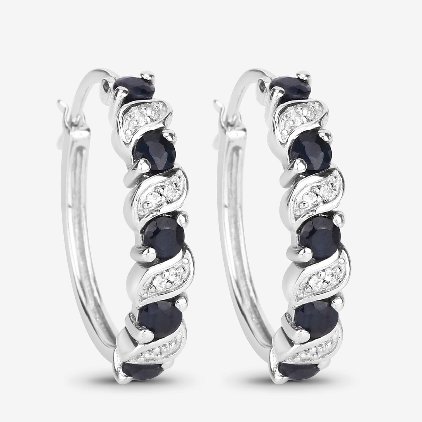 Sterling Silver 1.28 Carat Blue Sapphire and White Topaz Hoop Earrings fine