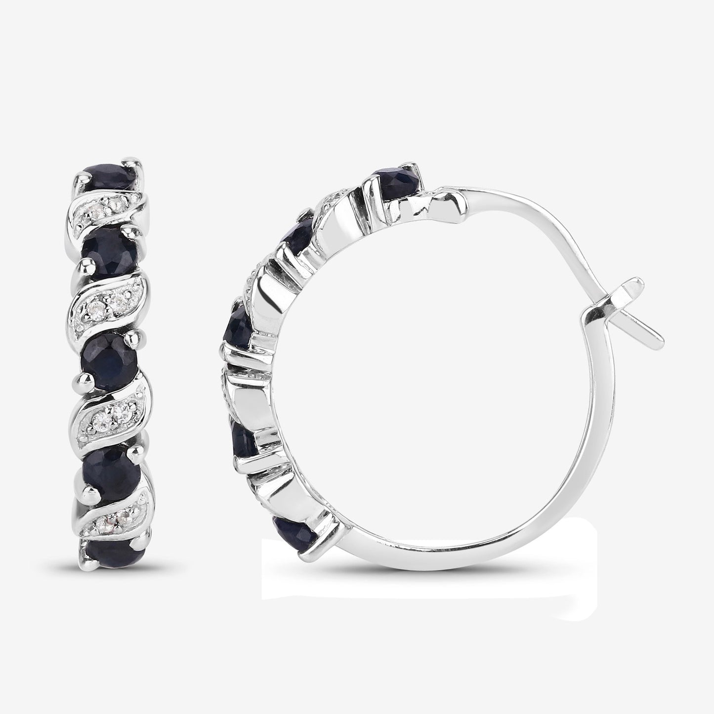 Sterling Silver 1.28 Carat Blue Sapphire and White Topaz Hoop Earrings fine