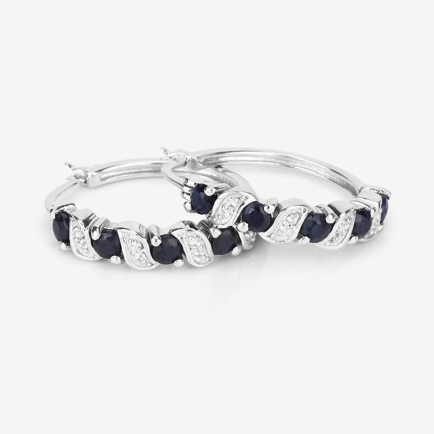 Sterling Silver 1.28 Carat Blue Sapphire and White Topaz Hoop Earrings fine