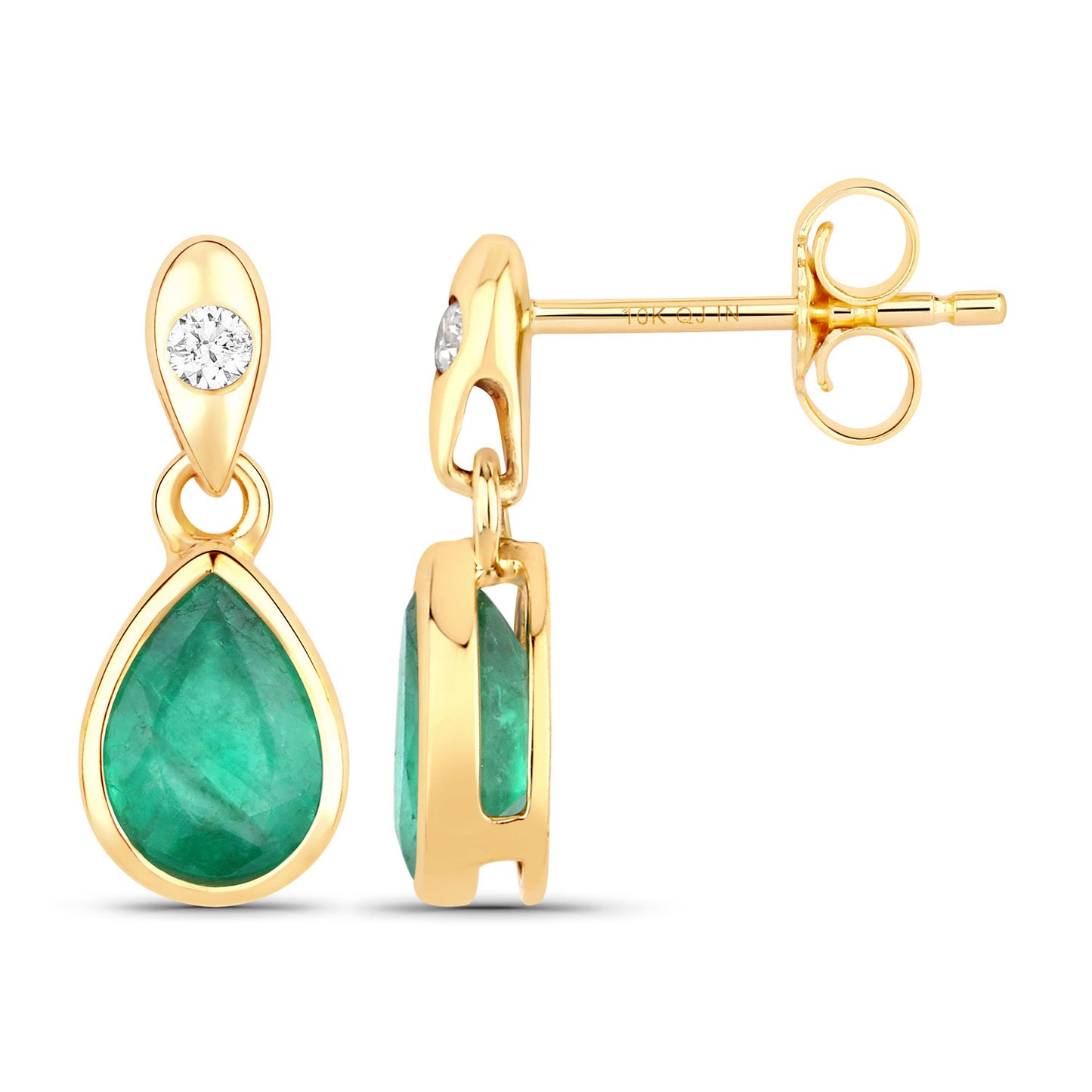 Zambian Emerald and White Diamond 10KT Yellow Gold Earrings