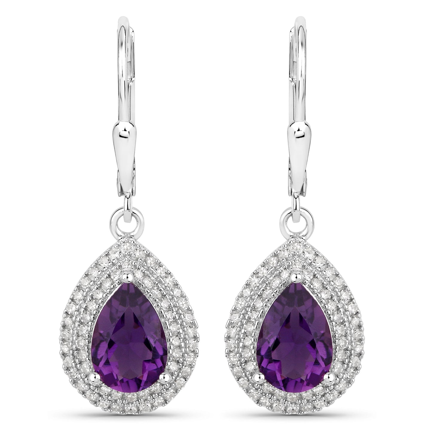 Amethyst White Diamond Sterling Silver Halo Earrings