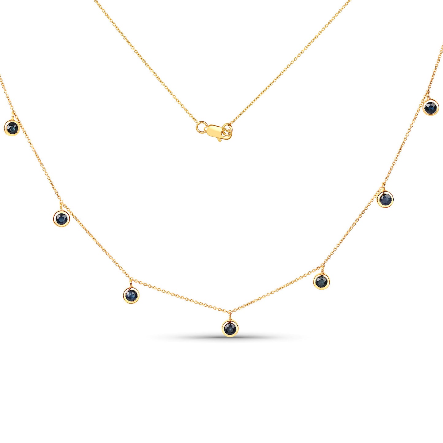 yellow gold 1.08 carat bezel set blue sapphire 18 inch necklace lobster claw clasp