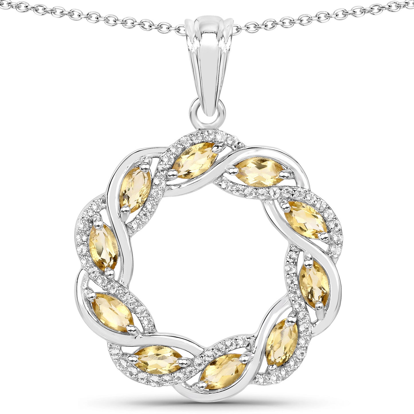 Citrine and White Topaz Sterling Silver 18 KT White Gold Plated Crossover Pendant