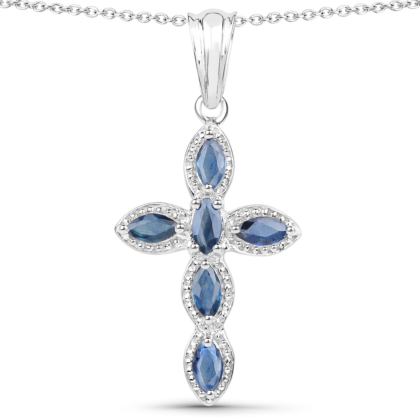 Blue Sapphire Sterling Silver Cross Pendant 18 Inch Cable Chain