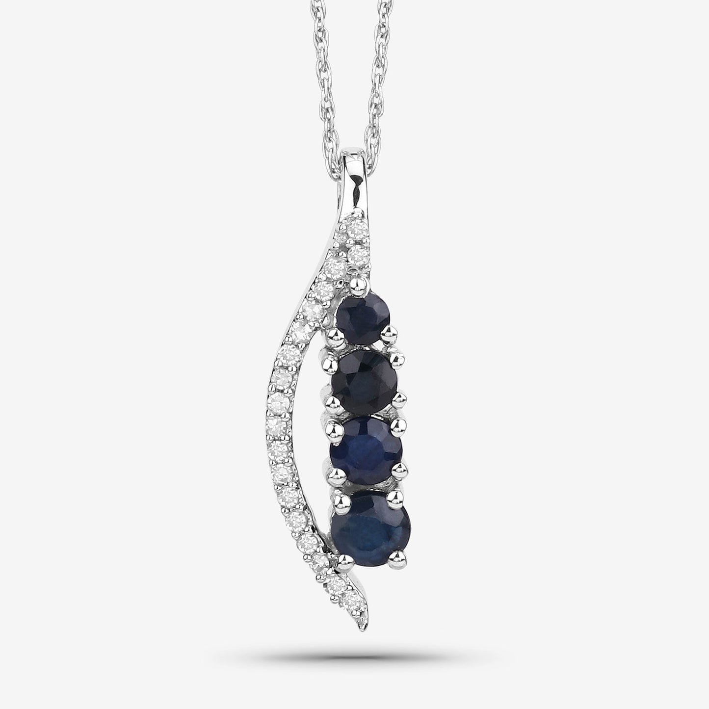 14K White Gold Blue Sapphire and White Diamond Pendant with Cable Chain fine