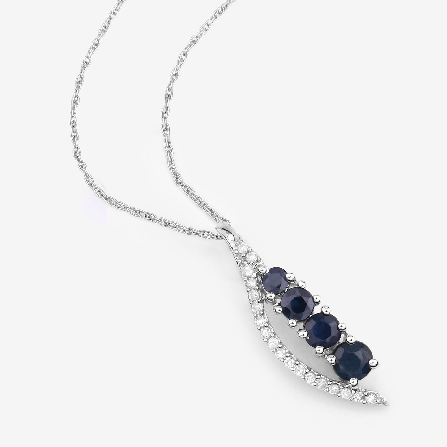 14K White Gold Blue Sapphire and White Diamond Pendant with Cable Chain fine