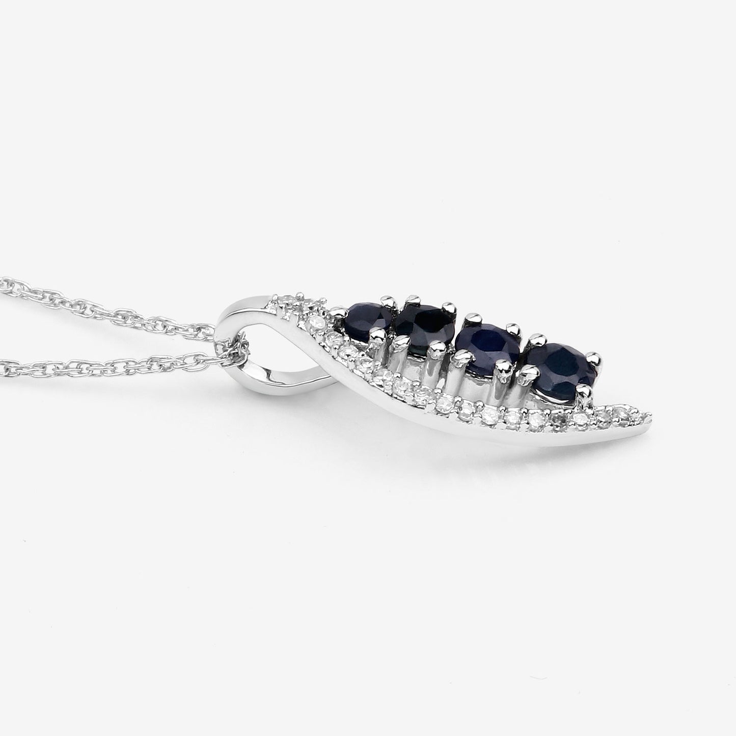14K White Gold Blue Sapphire and White Diamond Pendant with Cable Chain fine