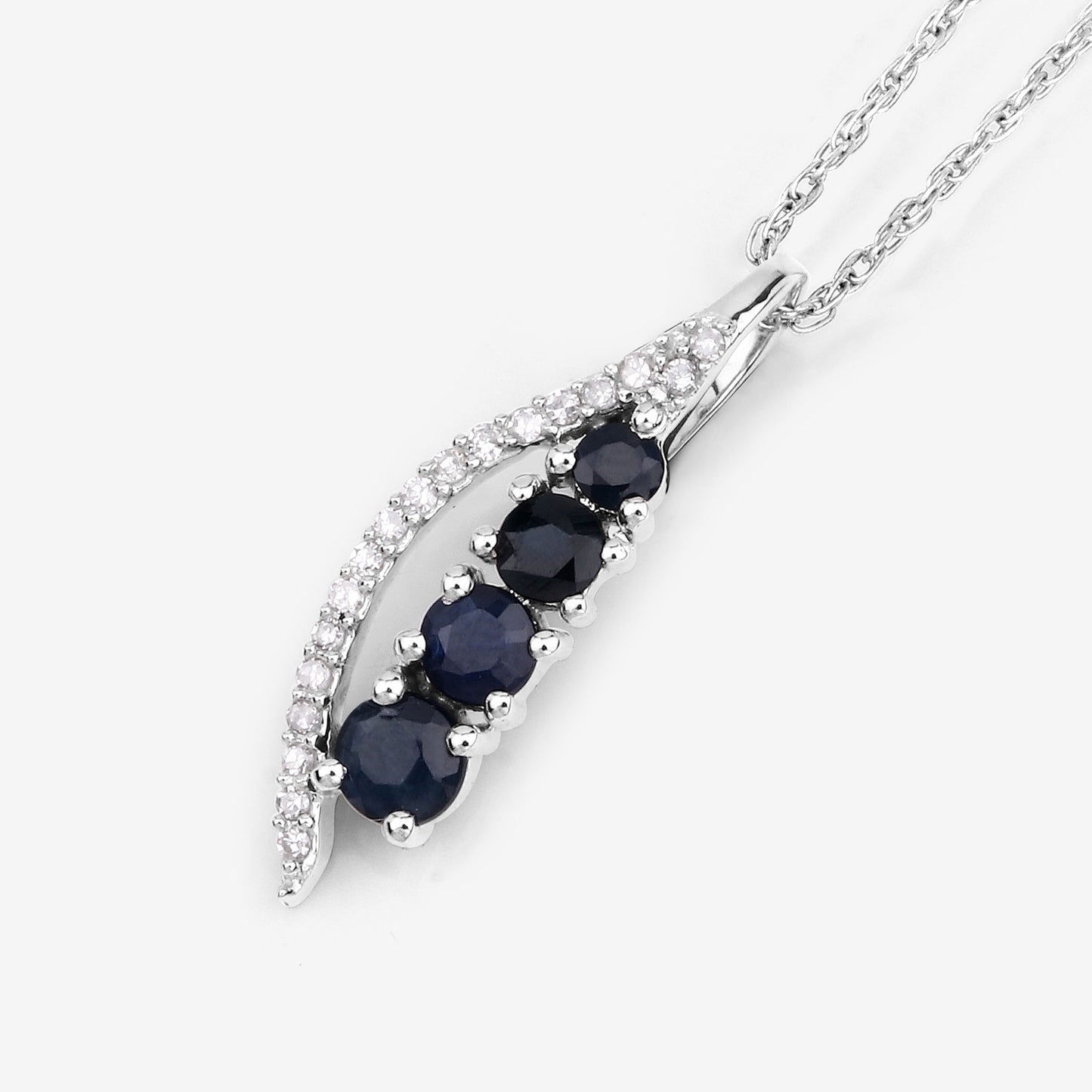14K White Gold Blue Sapphire and White Diamond Pendant with Cable Chain fine