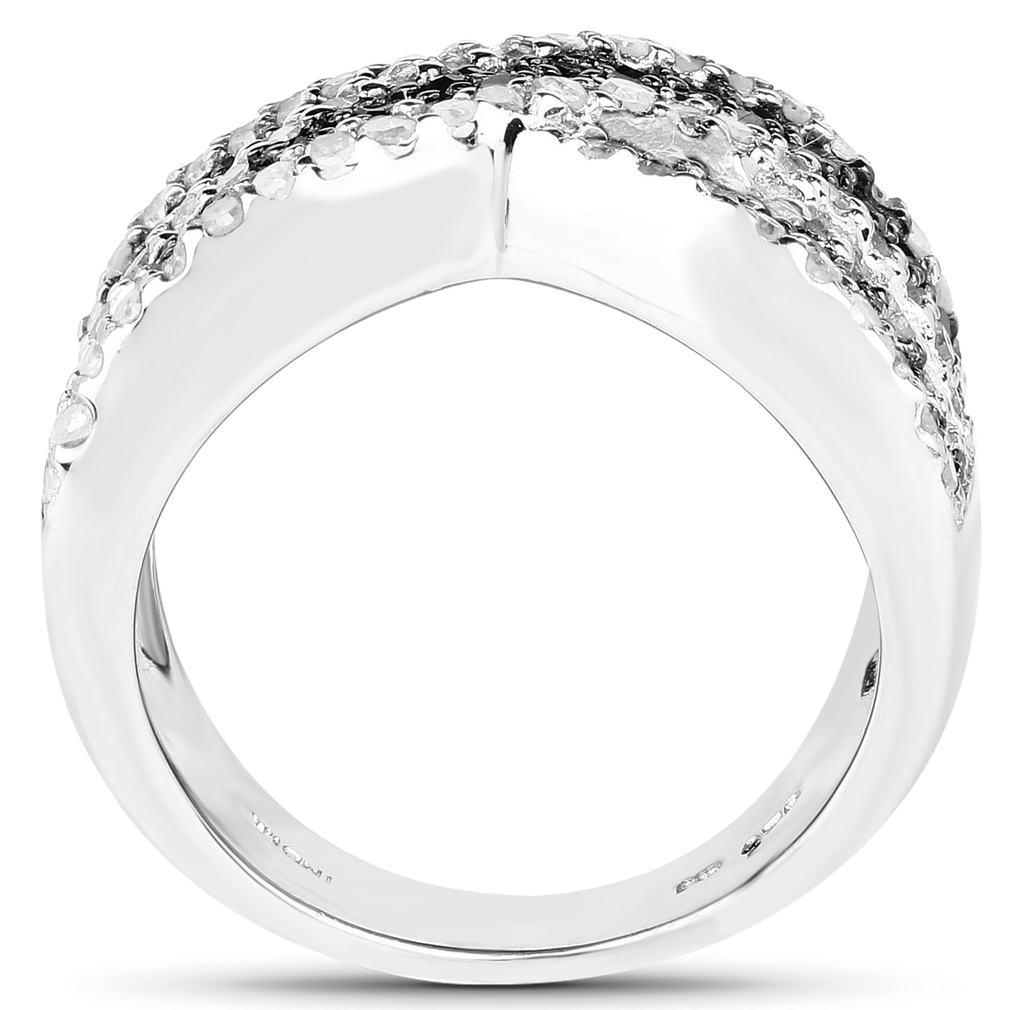 Sterling Silver 1.57 Carat Blue White and Black Diamond Crossover Ring fine