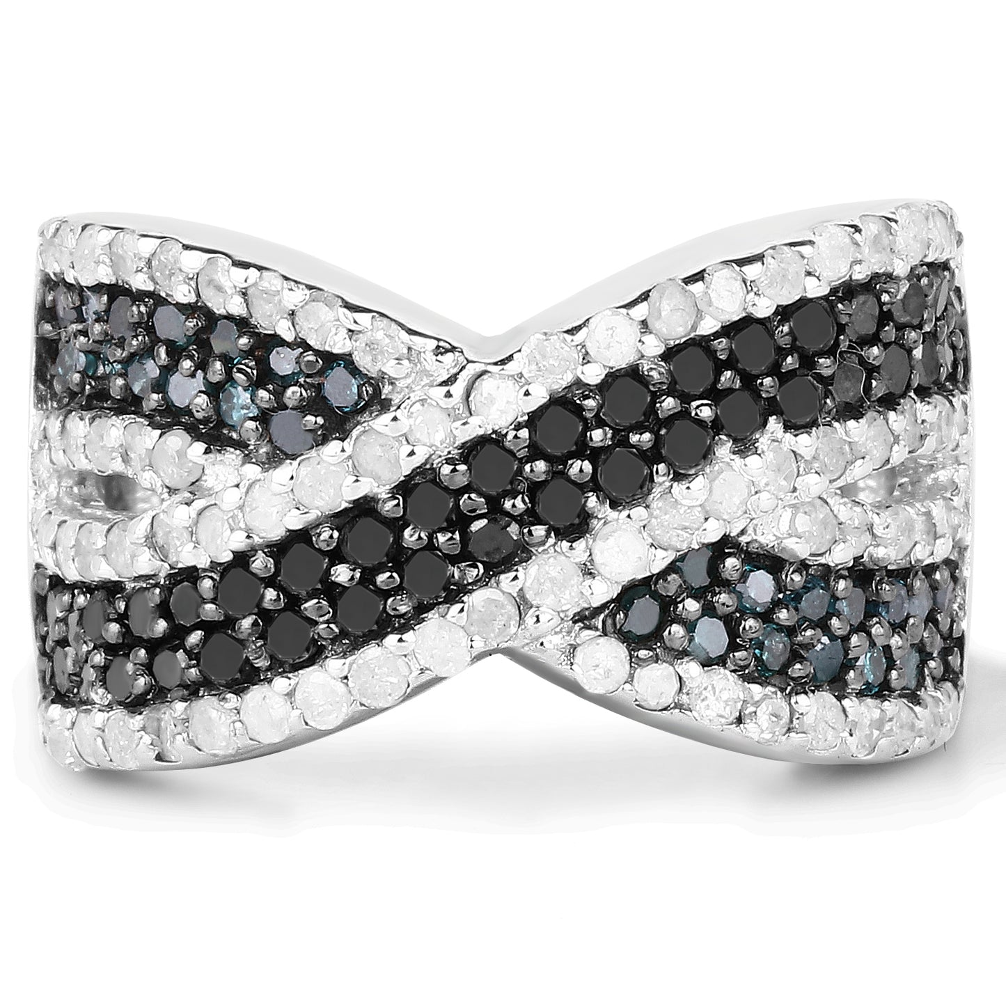 Sterling Silver 1.57 Carat Blue White and Black Diamond Crossover Ring fine