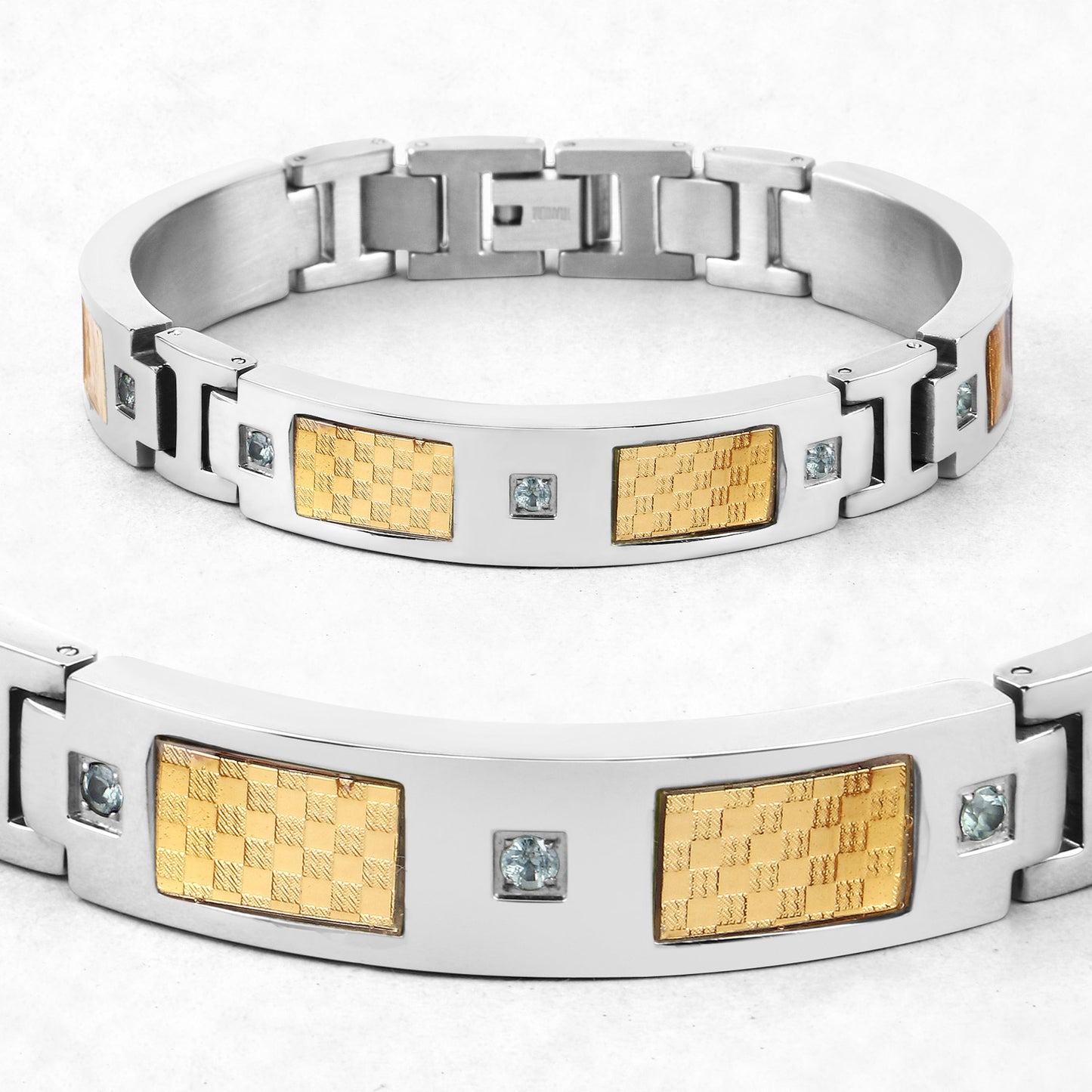 Mens Titanium Gold Plated Steel Inlay 8.5 Inch Cuff Bracelet Green Sapphires
