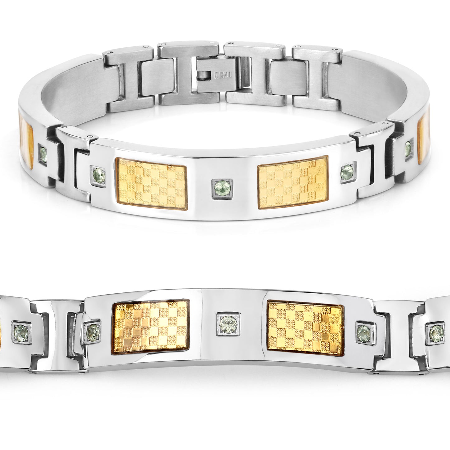 Mens Titanium Gold Plated Steel Inlay 8.5 Inch Cuff Bracelet Green Sapphires