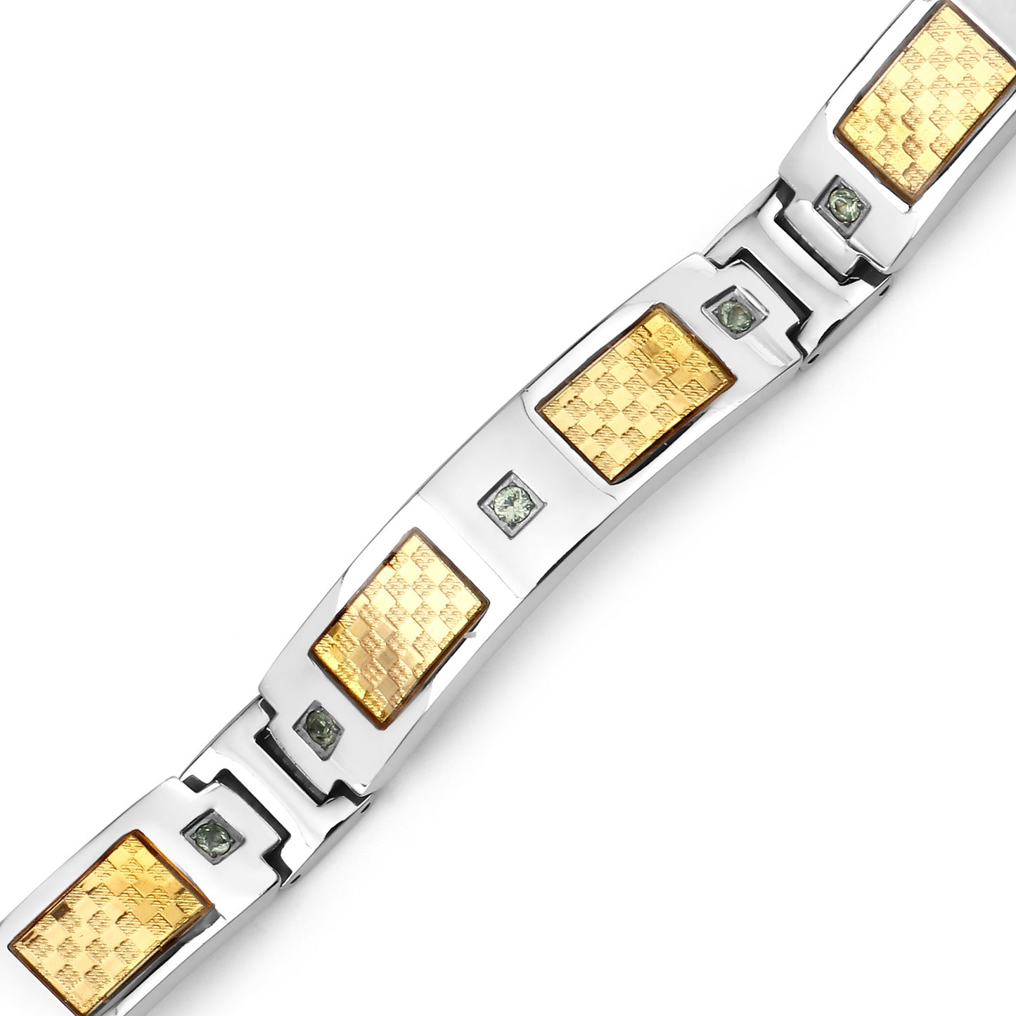 Mens Titanium Gold Plated Steel Inlay 8.5 Inch Cuff Bracelet Green Sapphires