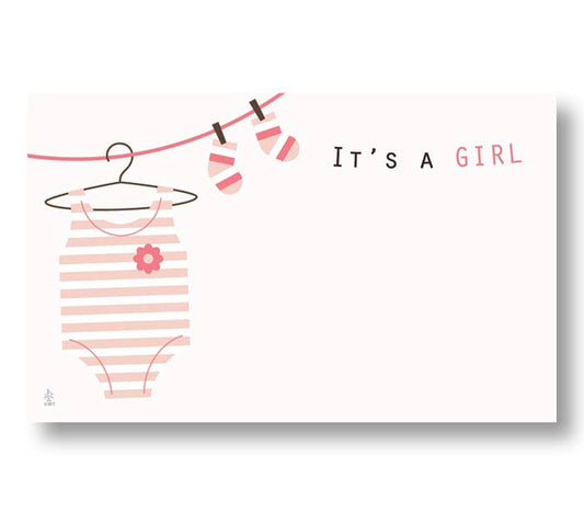 Blank Its a Girl Baby Clothesline onesie, hanger, booties Enclosure Card