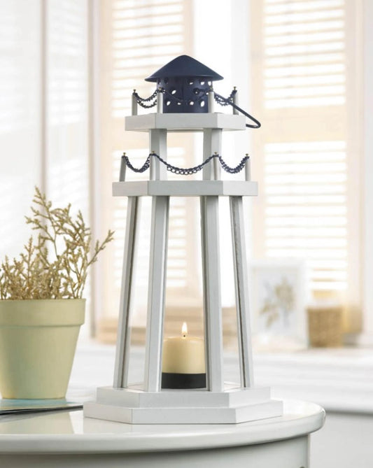 Lighthouse Wooden Candle Lantern Glass Metal Home Decor