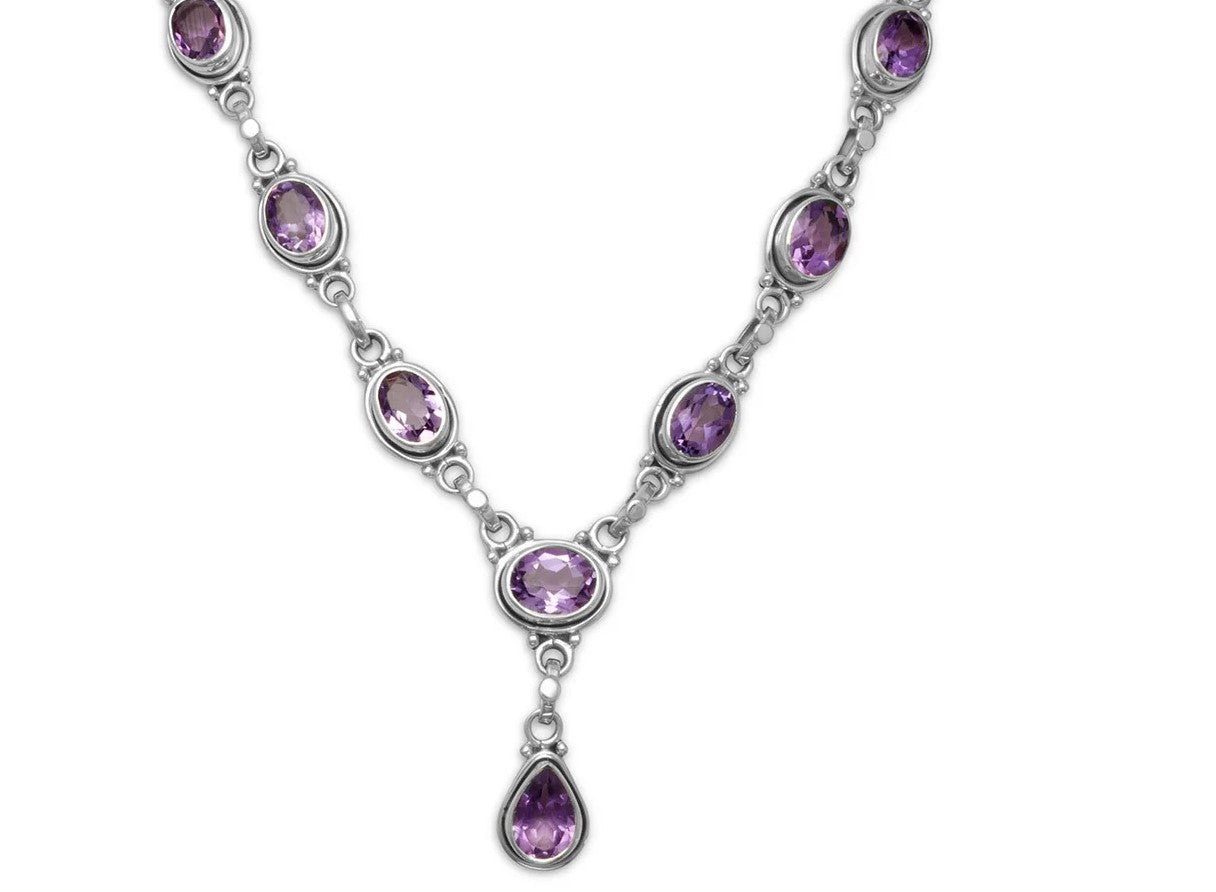 Sterling Silver 15 Inch Oval and Pear Shape Amethyst Necklace with Extension fine
