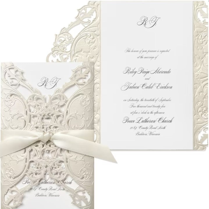 Exquisitely Lace Wedding Invitation Wrap with Ecru Satin Ribbon
