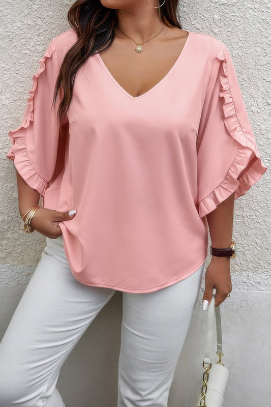 Solid Plus V Neck Ruffle Trim Petal Sleeve Blouse