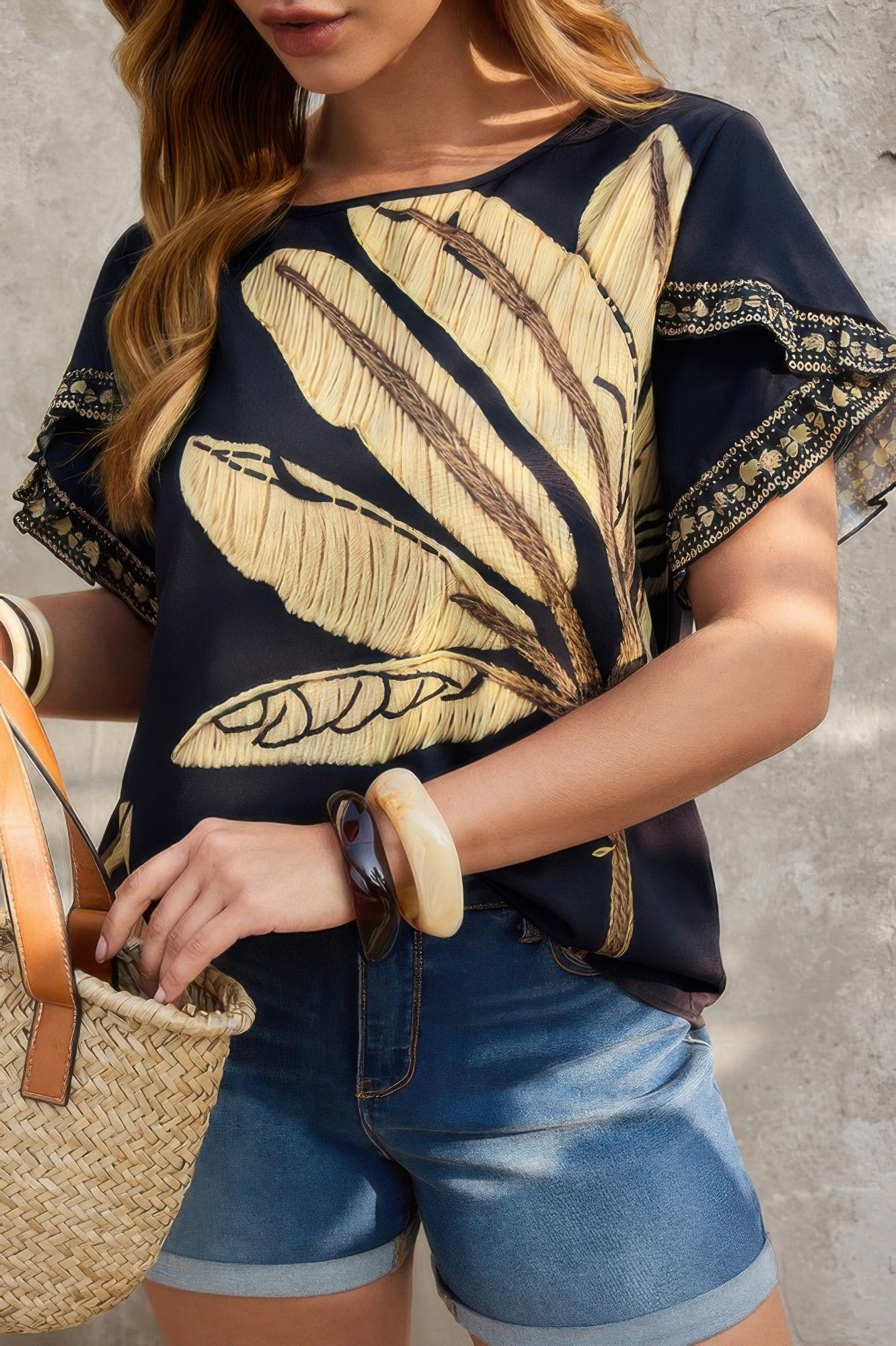 Plus Tropical Print Ruffle Hem Sleeve Blouse