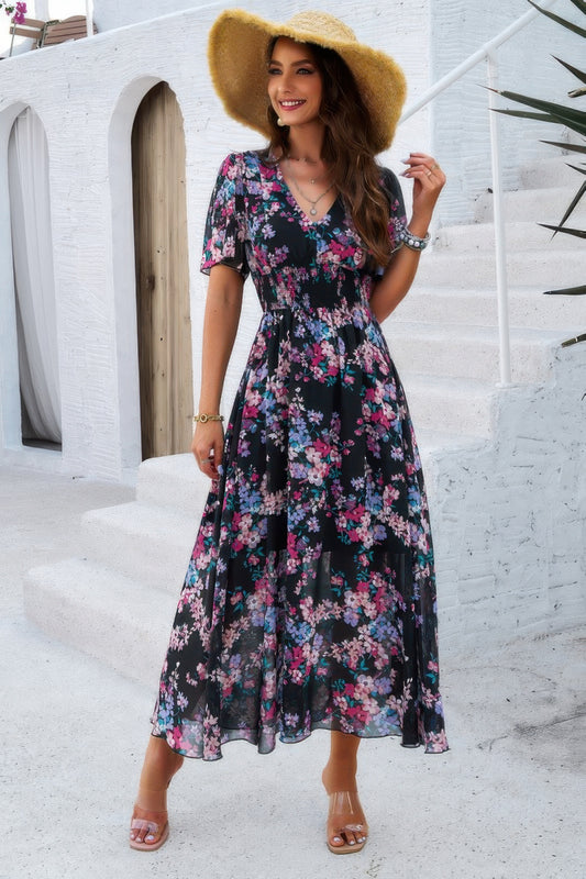Boho Floral Print High Waist Band Fit Lined Dress