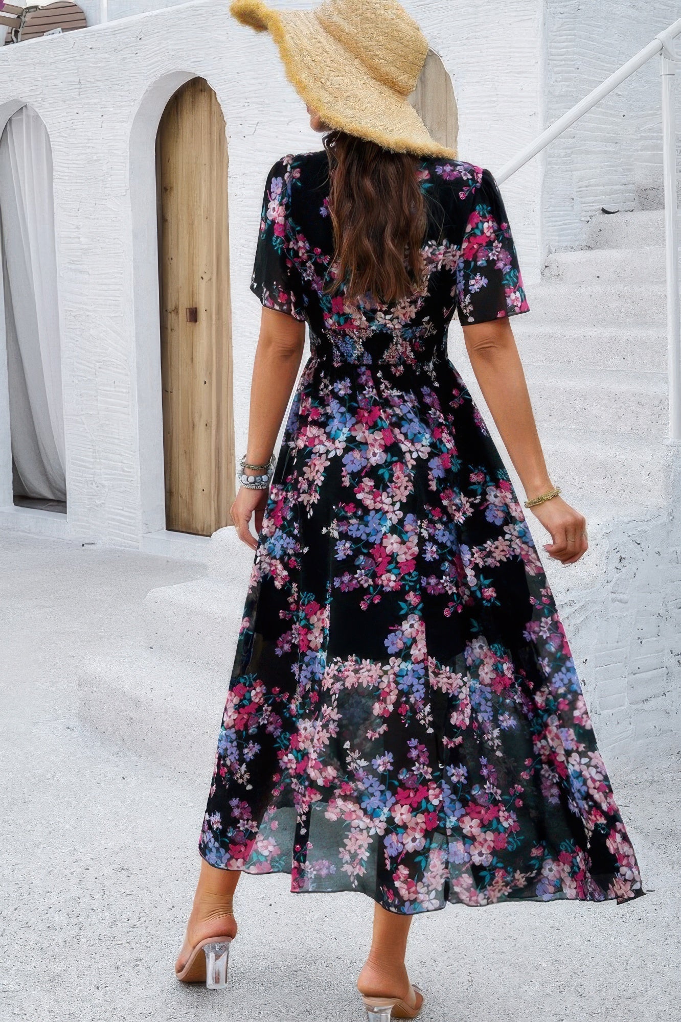 Boho Floral Print High Waist Band Fit Lined Dress