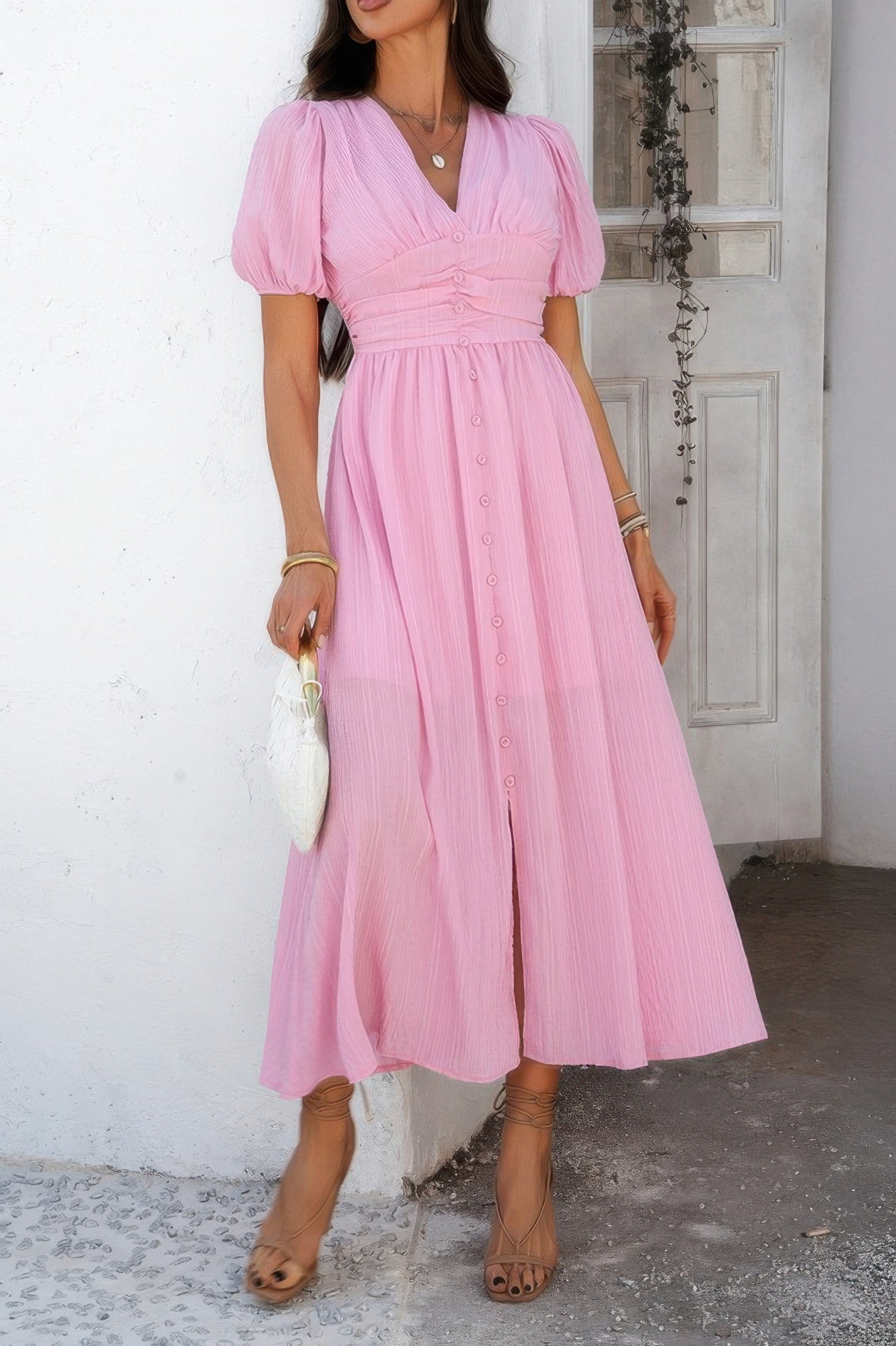 Solid V Neck Puff Sleeves Solid Knot Detail Dress